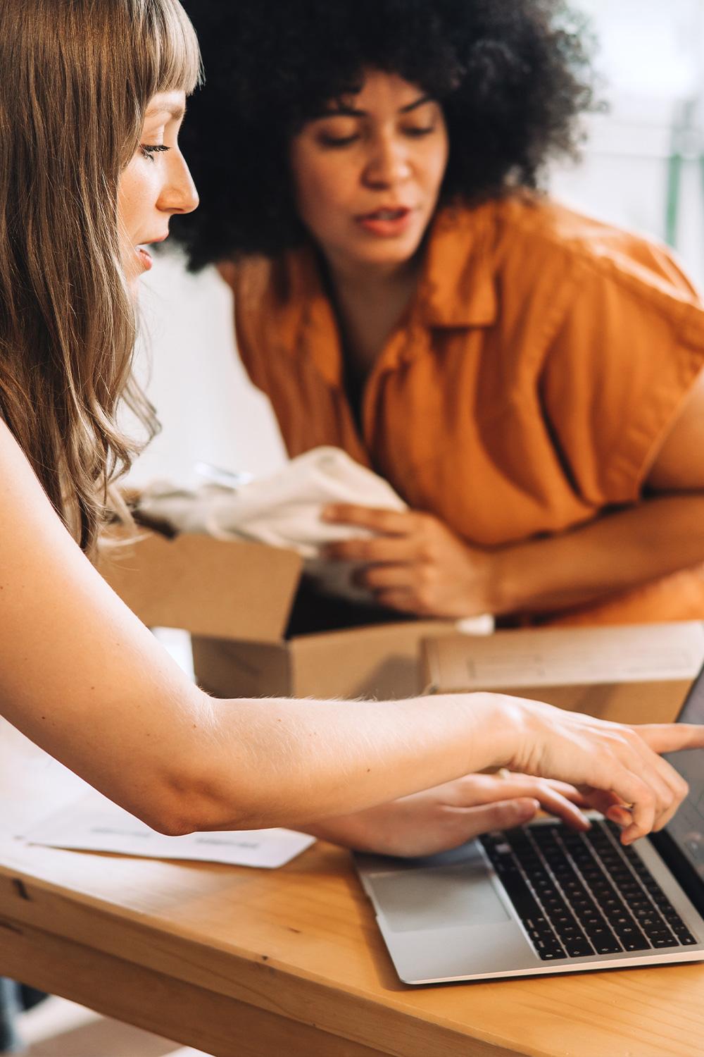 Beratungssituation dhs Mitarbeiterin am Laptop zu Themen der  Digitalisierung und Rechtsfragen im E-Commerce